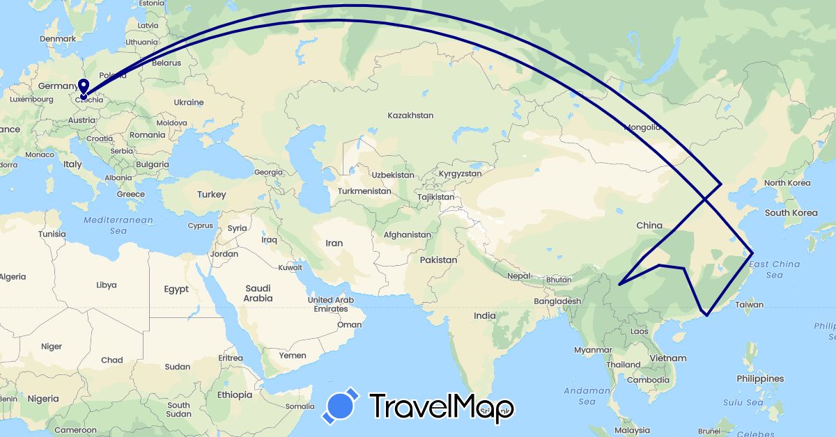TravelMap itinerary: driving in China, Czech Republic (Asia, Europe)